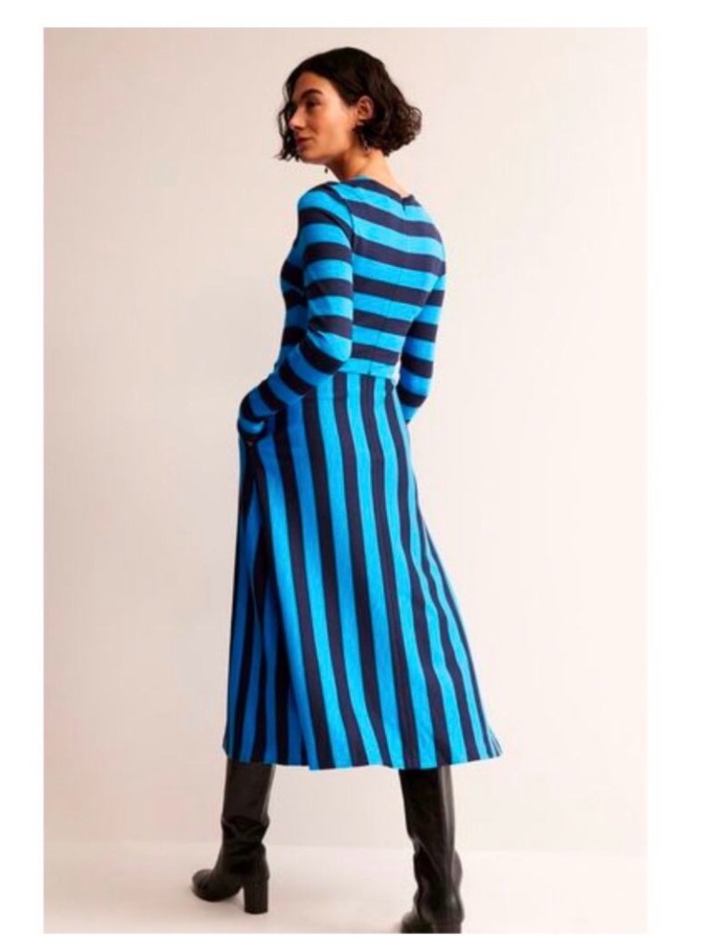 Boden Blue Striped Jersey Midi Dress Sz 10R Fit Flare Classic Retro Chic EUC - Picture 2 of 16